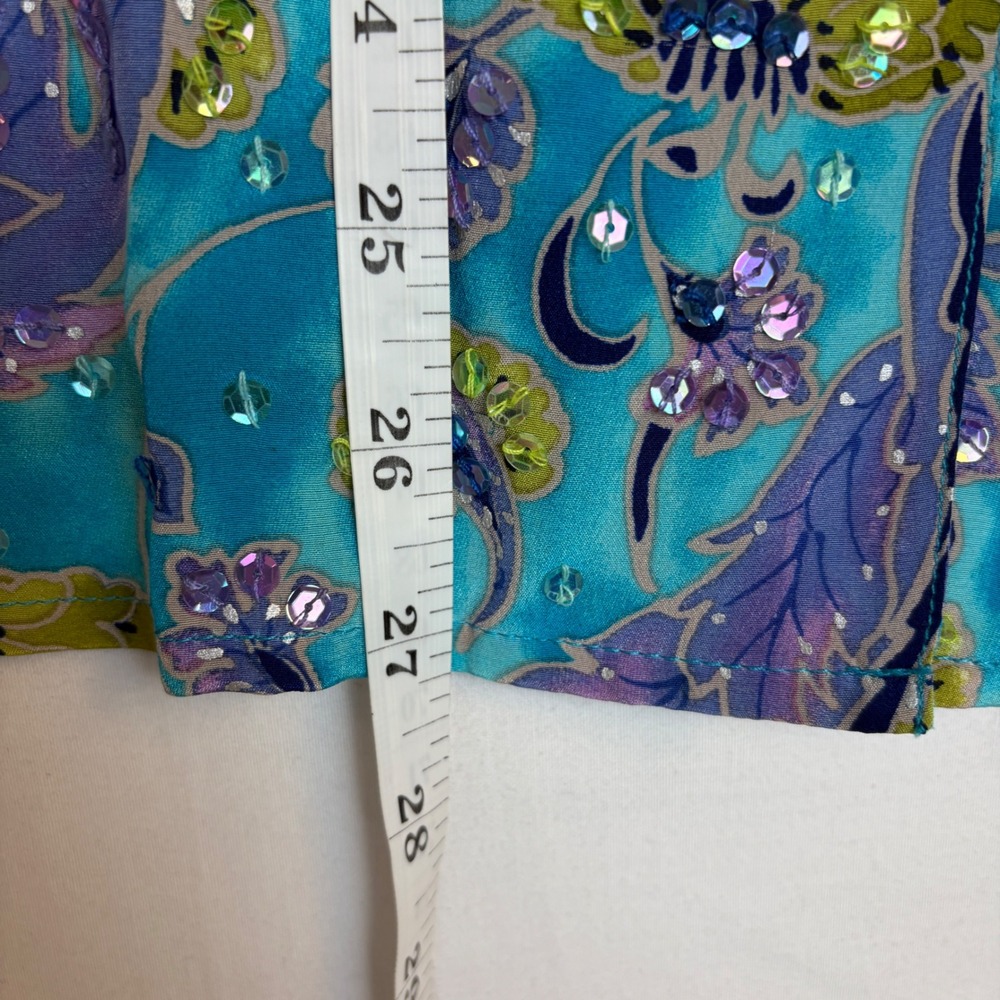 NWT Diane Gilman Silk Sequin Floral Paisley Button Up Shirt Blue Womens Medium - Picture 3 of 6